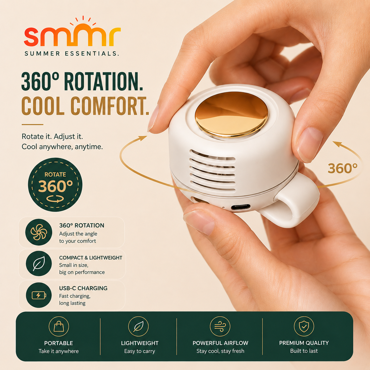 smmr Portable Mini Clip Fan with 360° Cooling